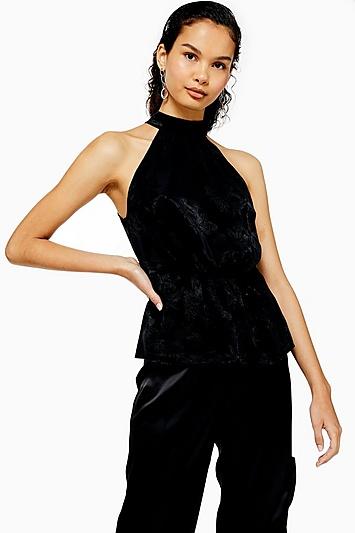 Topshop Jacquard Bow Back Halter Neck Top