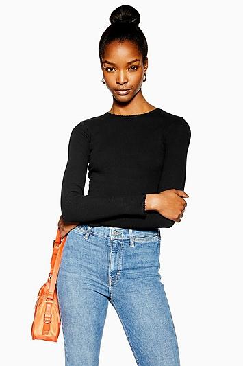 Topshop Black Long Sleeve Picot Trim Top