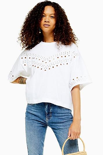 Topshop Petite White Broderie Boxy T-shirt