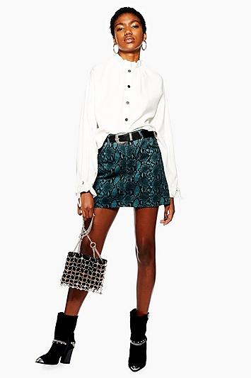 Topshop Teal Snake Print Denim Skirt