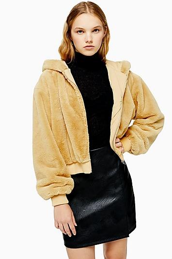 Topshop Beige Faux Fur Zip Hoodie