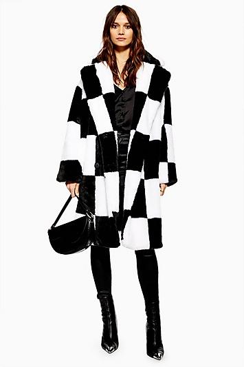Topshop Checkerboard Faux Fur Coat