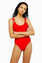 Topshop Red Shirred Scoop Neck Swimsuit