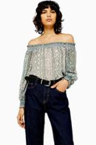 Topshop Snake Print Shirred Bardot Blouse