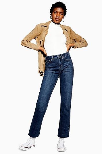 Topshop Indigo Raw Hem Straight Leg Jeans
