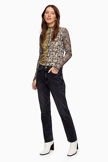 Topshop Tall Black Raw Hem Straight Leg Jeans