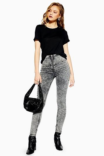 Topshop Washed Black Acid Zip Joni Jeans