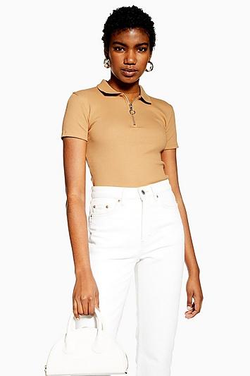 Topshop Camel Short Sleeve Zip Polo