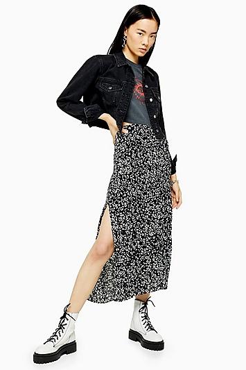 Topshop Black And White Floral Print Pleat Midi Skirt