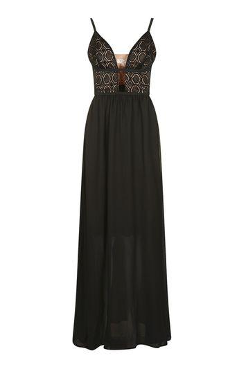 Topshop *last Night Plunging Black Lace Maxi Dress With Nude Lining By Wydlr
