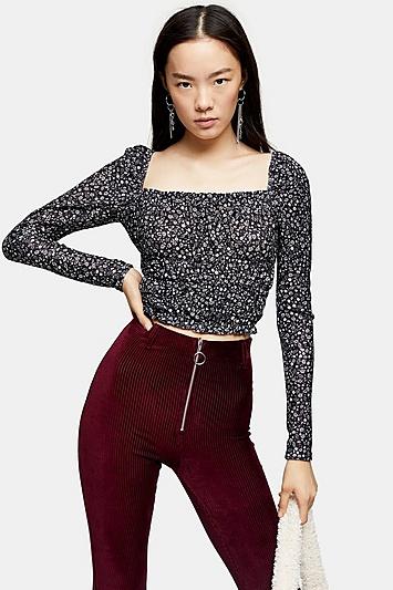 Topshop Floral Long Sleeve Pointelle Prairie Top