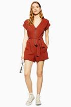Topshop Brown Zip Playsuit With Linen
