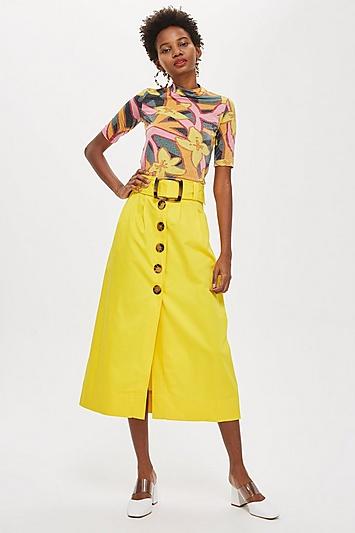 Topshop Yellow Buckle Midi Skirt