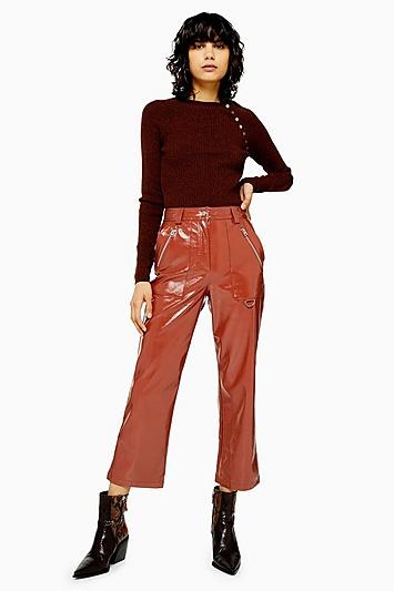 Topshop Brown Vinyl Straight Leg Trousers