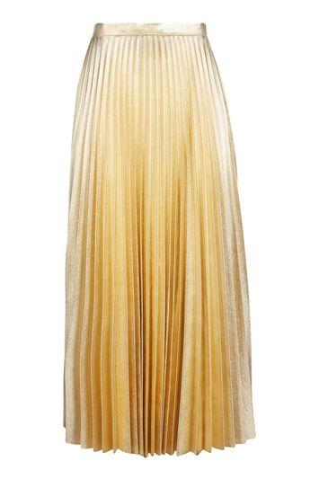 Topshop Tall Gold Metallic Pleat Midi Skirt