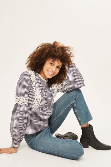Topshop Lace Trim Gingham Blouse
