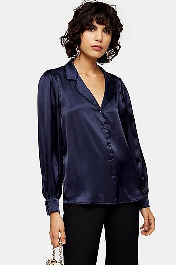 Topshop Navy Satin Shirt
