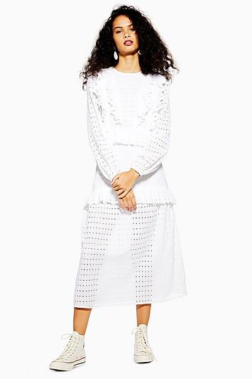 Topshop Ivory Broderie Frill Midi Dress