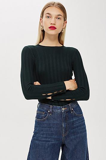 Topshop Tall Ribbed Button Sleeve Top