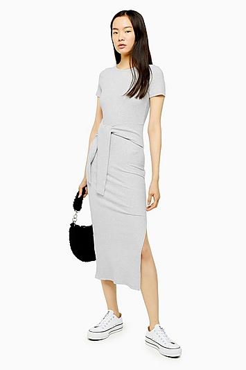 Topshop Grey Belted Ribbed Column Jersey Dress