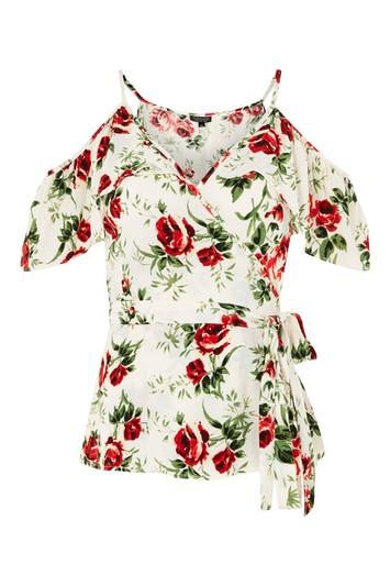 Topshop Rose Print Cold Shoulder Wrap Top