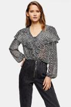 Topshop Black And White Animal Frill Print Blouse