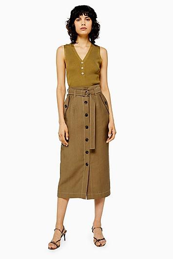 Topshop Brown Utility Button Midi Skirt