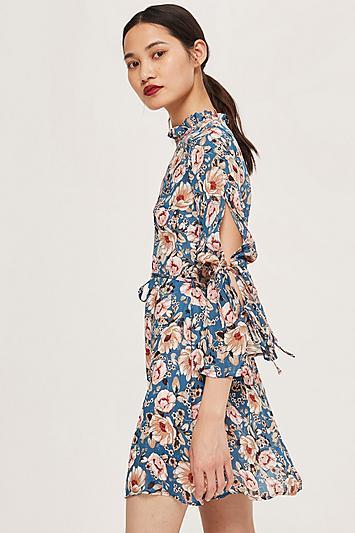 Topshop Tall Blush Floral Tie Sleeve Skater Dress