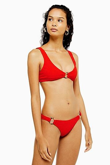 Topshop Red Shirred Ring High Leg Bikini Bottoms