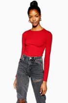 Topshop Red Long Sleeve Picot Trim Top
