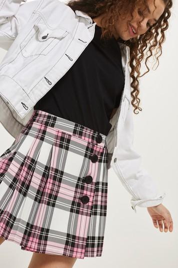 Topshop Tartan Checked Button Kilt A-line Skirt