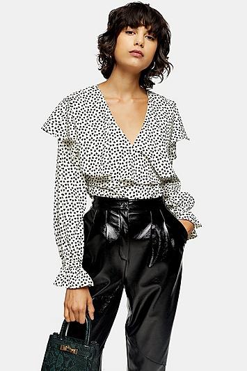 Topshop Black And White Heart Print Long Sleeve Blouse