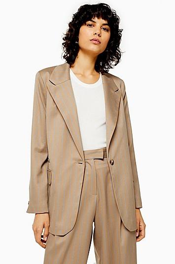 Topshop Camel Stripe Double Breasted Blazer