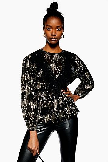 Topshop Metallic Jacquard Ruffle Top
