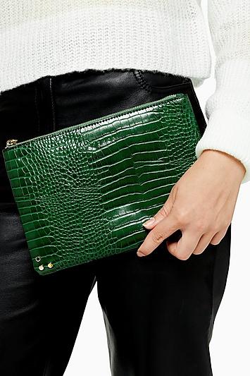 Topshop Perla Green Crocodile Zip Top Pouch