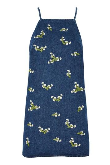 Topshop Petite Embroidered Daisy Denim Mini Dress