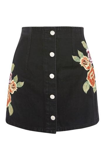 Topshop Moto Floral Button Denim Skirt