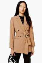 Topshop Camel Double Breasted Belted Twill Blazer