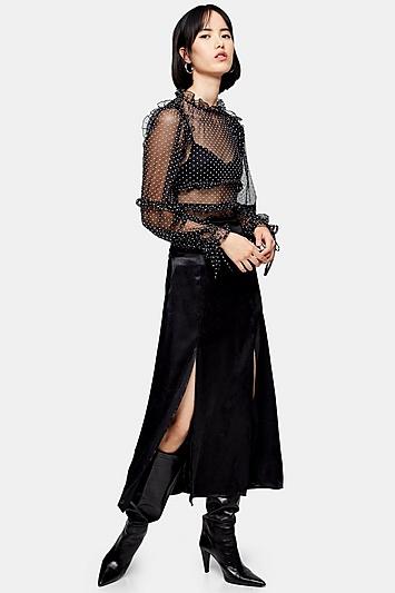 Topshop Black Satin Double Split Midi Skirt