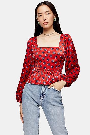 Topshop Red Floral Prairie Blouse