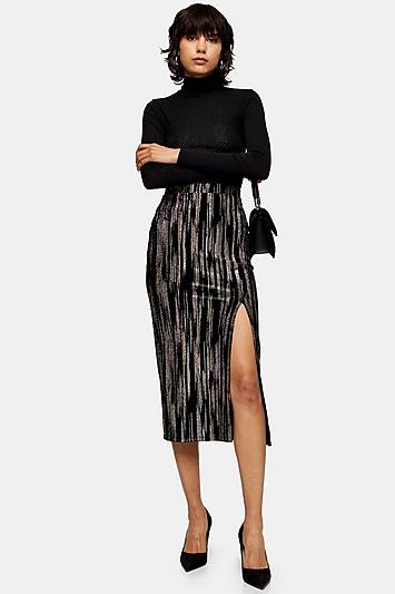 Topshop Black Velvet Glitter Midi Skirt