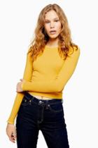 Topshop Mustard Long Sleeve Picot Trim Top