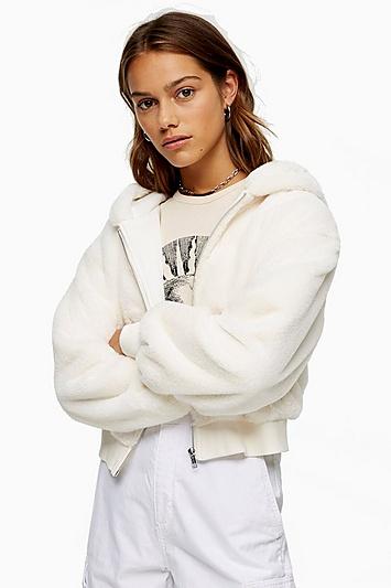 Topshop Petite Cream Faux Fur Zip Hoodie