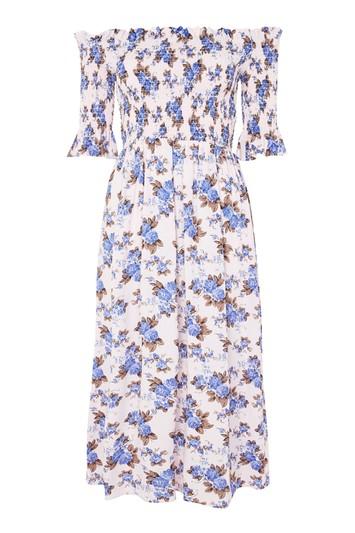 Topshop Shirred Floral Bardot Dress