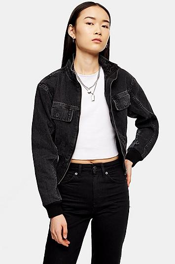 Topshop Washed Black Denim Ribbed Bomber Jacket