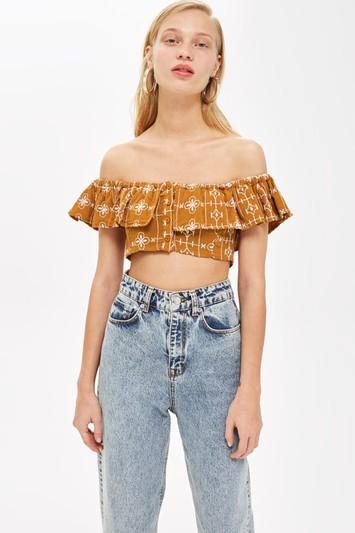 Topshop Crinkle Embroidered Bardot Top