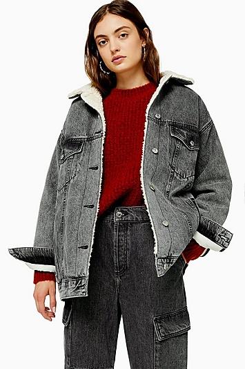 Topshop Grey Acid Wash Borg Lined Denim Jacket