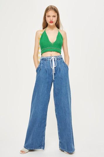 Topshop Moto Mid Blue Pleated Wide Leg Jeans
