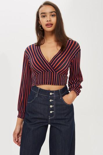 Topshop Stripe Plisse Wrap Top