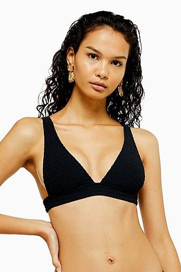 Topshop Black Shirred Longline Bikini Triangle Top